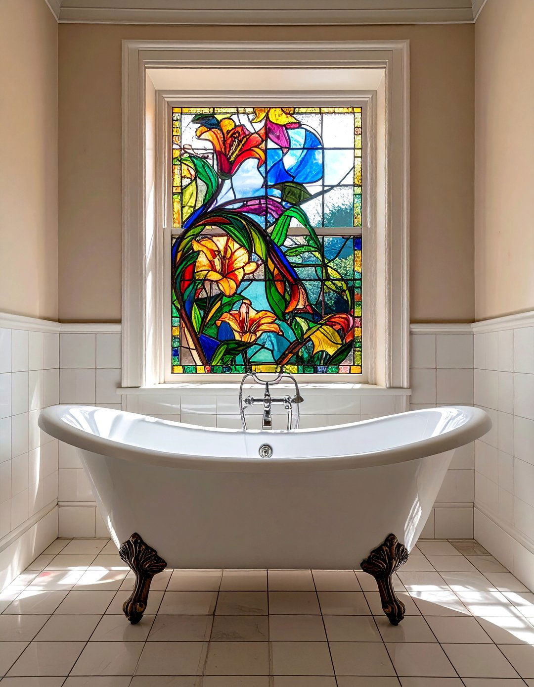 Art Nouveau Stained Glass Window Above a Clawfoot Bathtub - 20 Stained Glass Bathtub Ideas for a Luxurious Bathroom