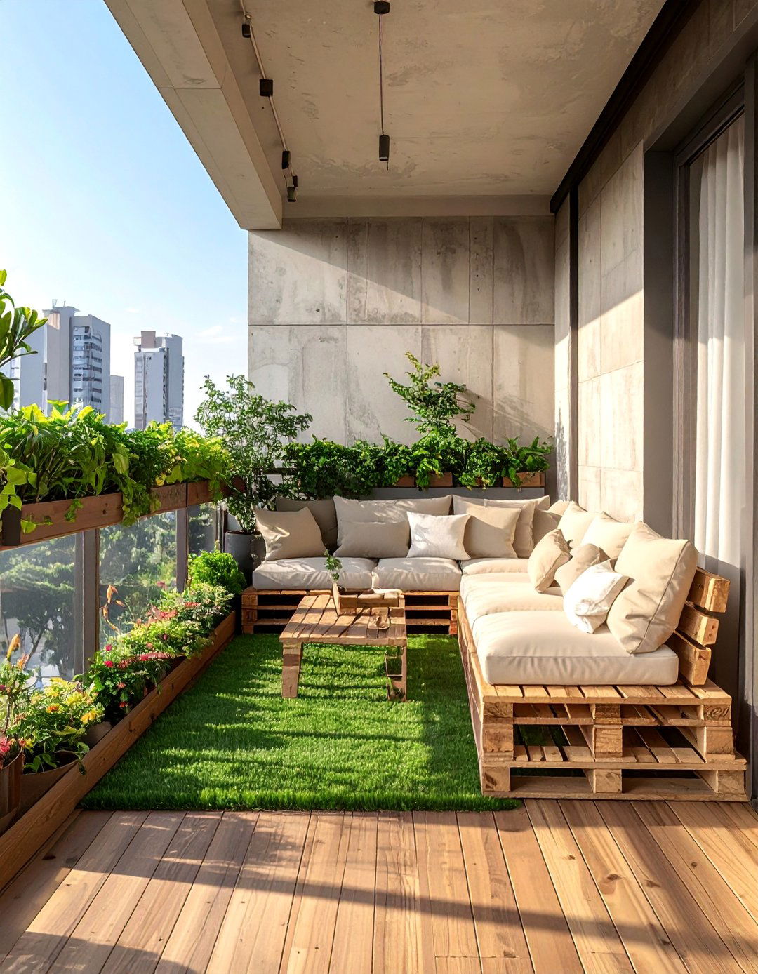 Artificial Grass Balcony with Pallet Furniture