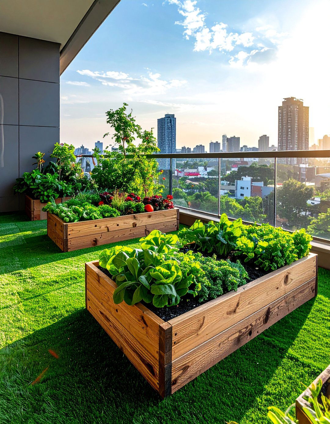 Artificial Grass Balcony with Raised Garden Beds - 20 Artificial Grass Balcony Design Ideas for Urban Spaces