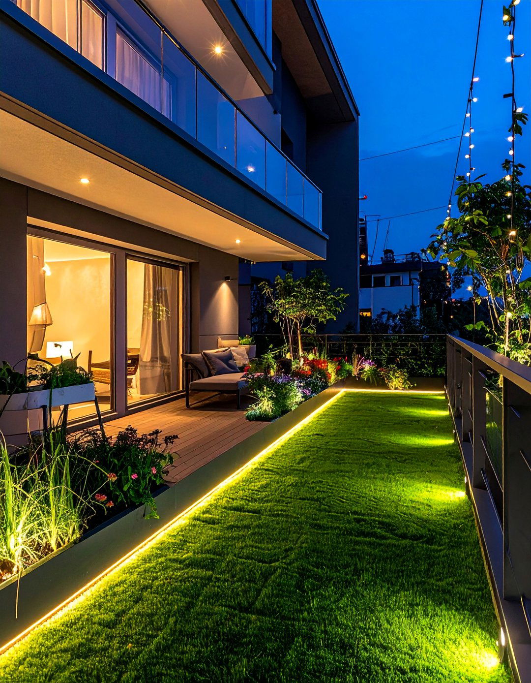 Artificial Grass Balcony with Solar Lighting - 20 Artificial Grass Balcony Design Ideas for Urban Spaces