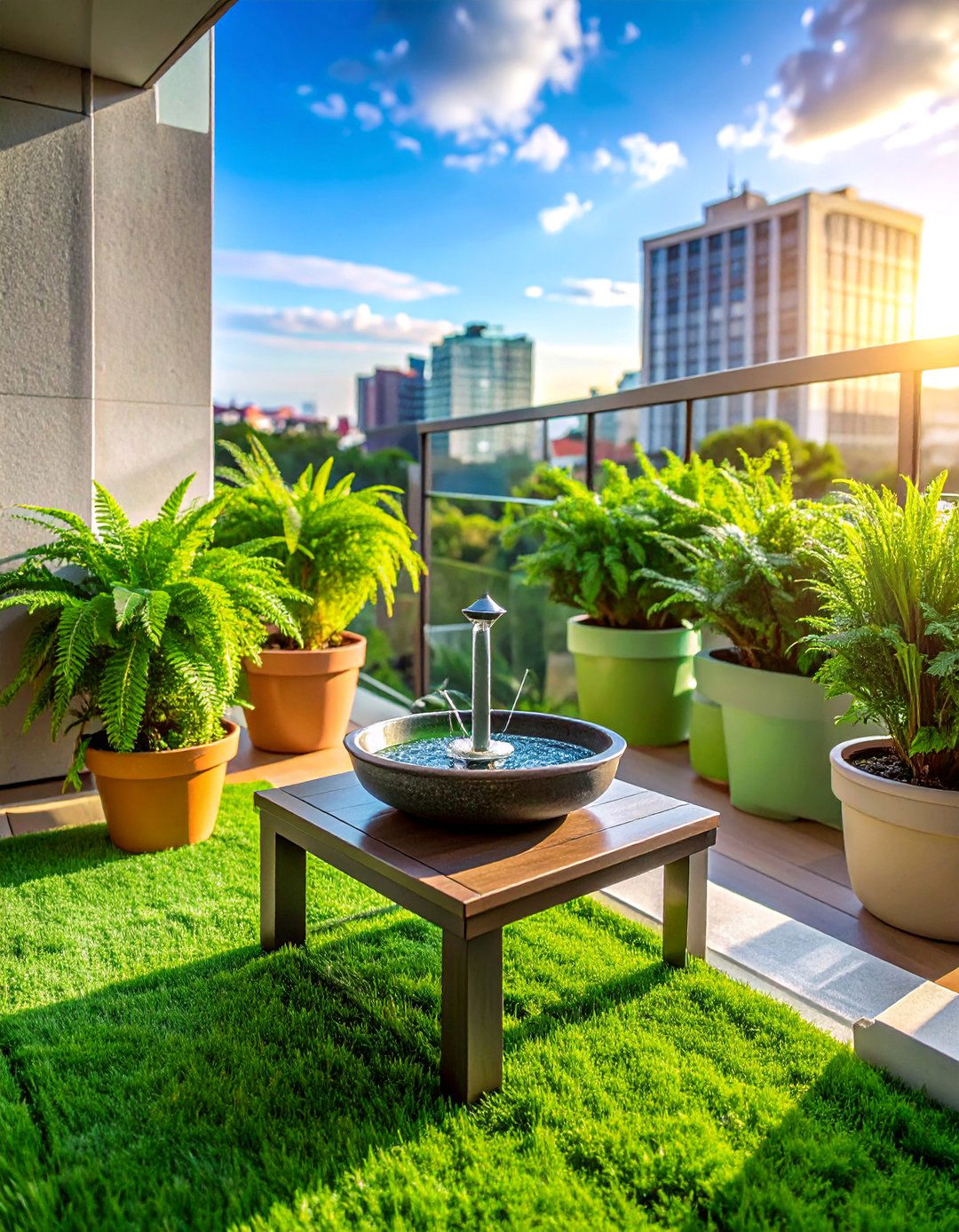 Artificial Grass Balcony with Water Feature - 20 Artificial Grass Balcony Design Ideas for Urban Spaces
