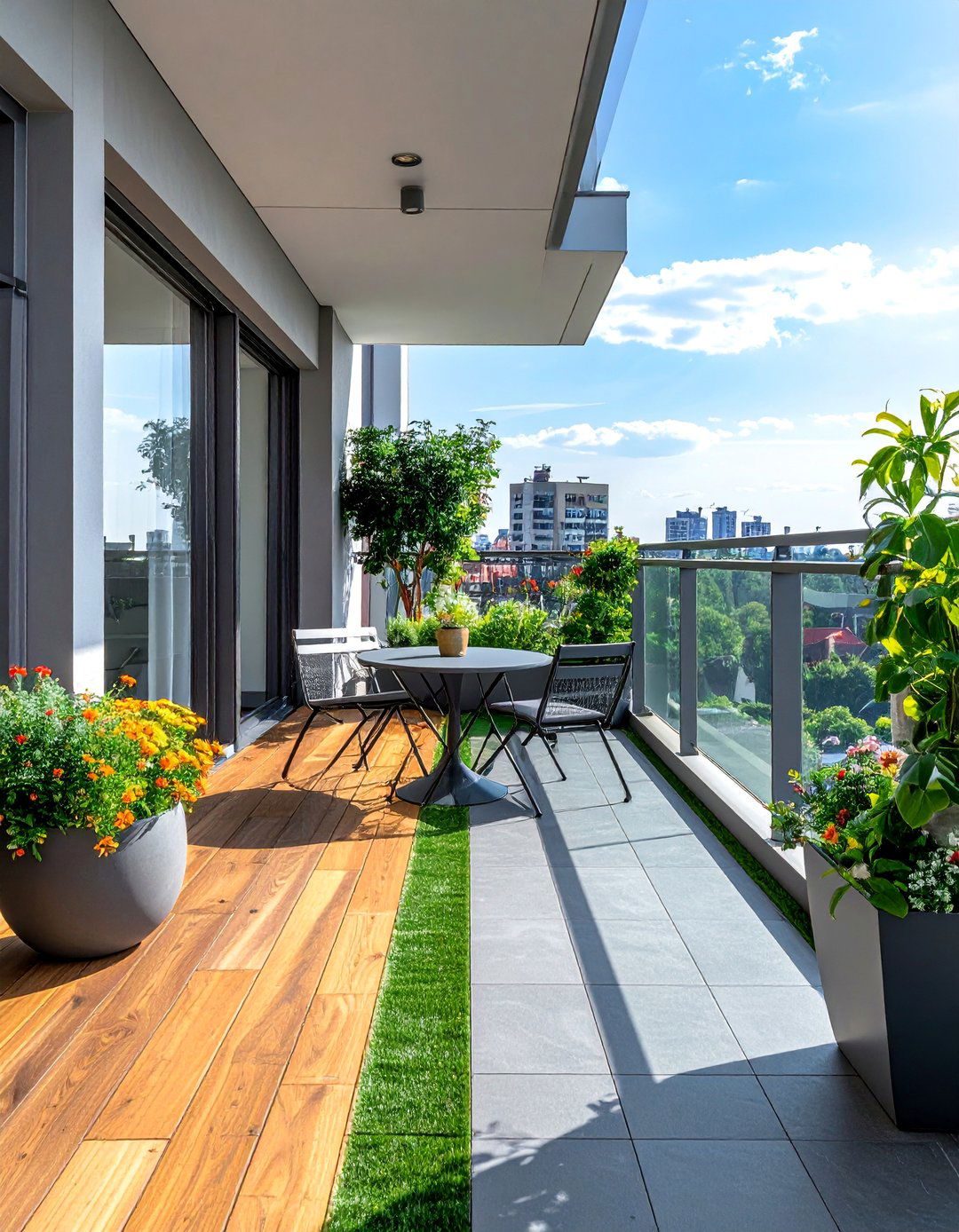 Artificial Grass Balcony with Wood Deck Tiles - 20 Artificial Grass Balcony Design Ideas for Urban Spaces