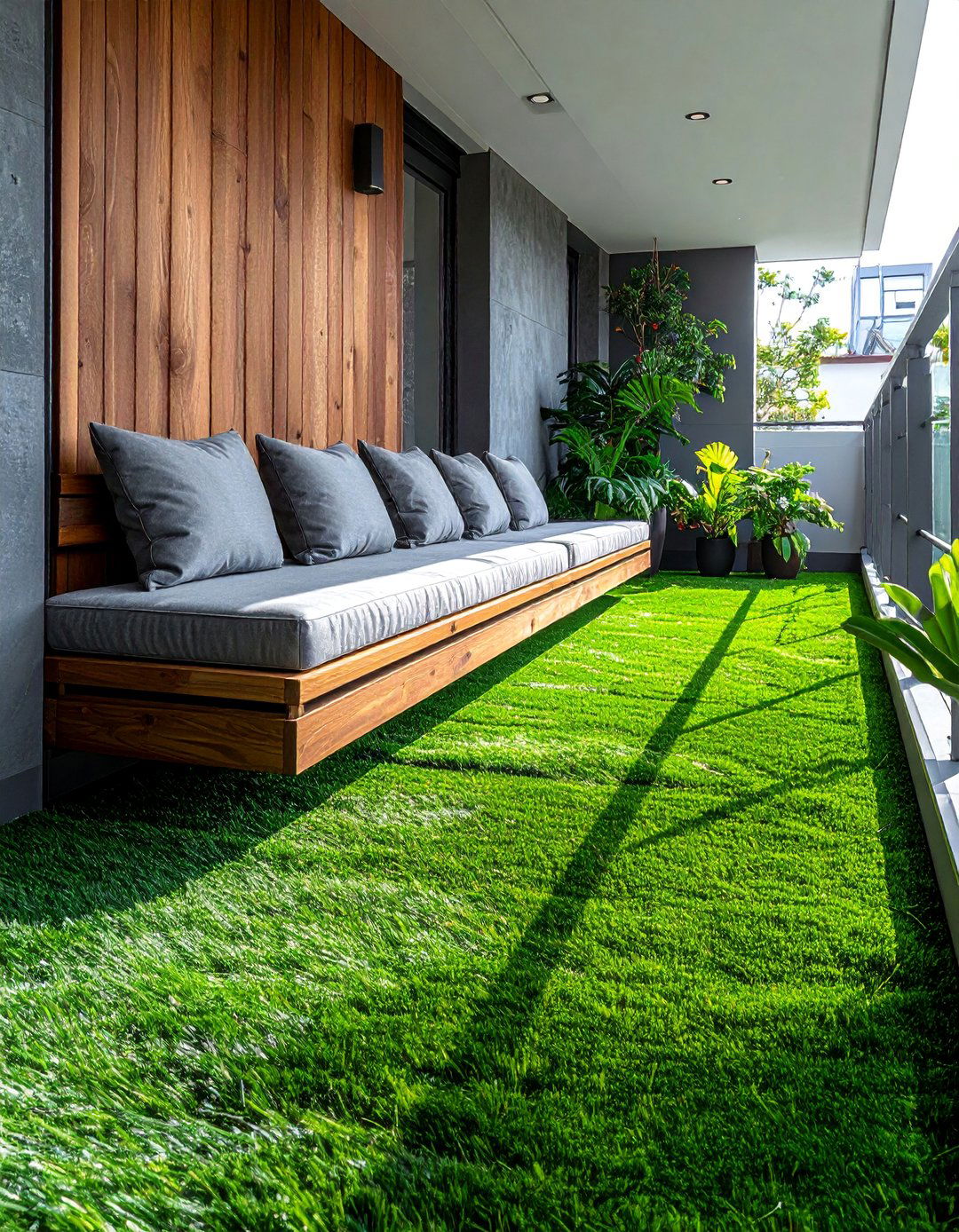 Artificial Grass Balcony with a Built in Bench - 20 Artificial Grass Balcony Design Ideas for Urban Spaces