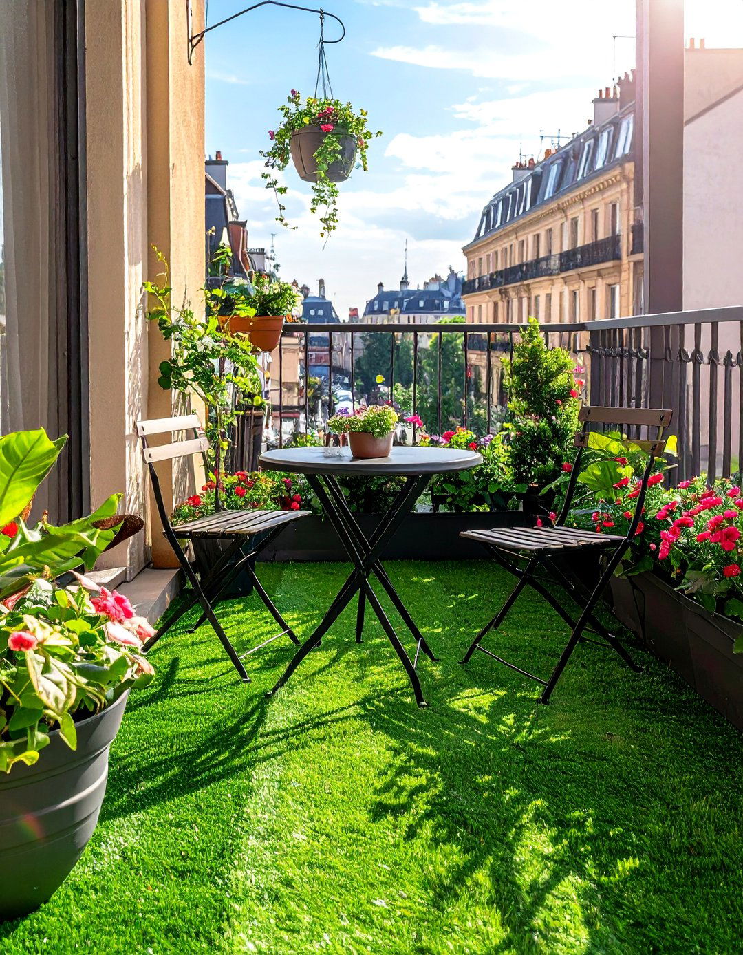 Artificial Grass Balcony with a Dining Set - 20 Artificial Grass Balcony Design Ideas for Urban Spaces