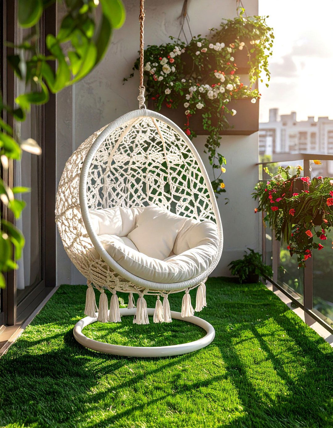 Artificial Grass Balcony with a Swing Chair - 20 Artificial Grass Balcony Design Ideas for Urban Spaces