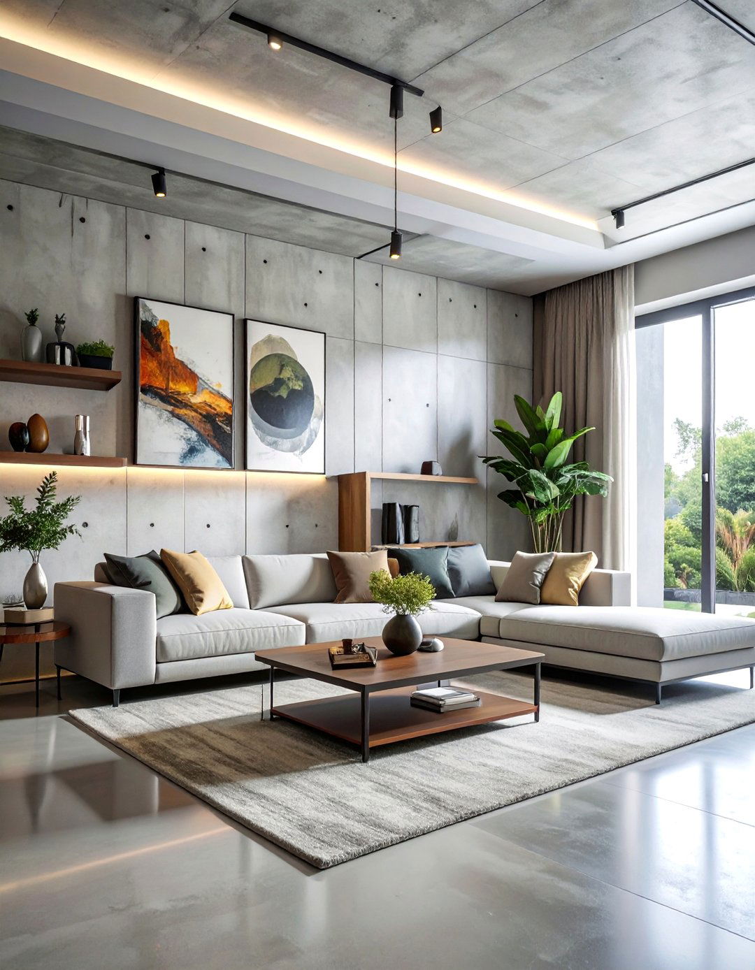 Artistic Statement Wall Features - 20 Concrete Floor Living Room Ideas for Modern Homes