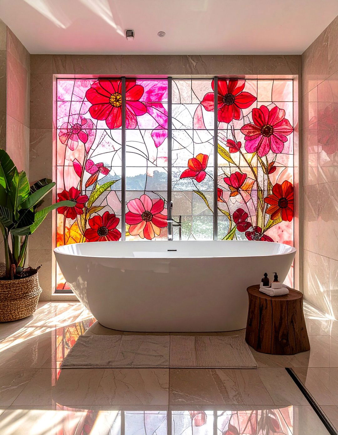Backlit Floral Stained Glass Panel Behind a Freestanding Bathtub - 20 Stained Glass Bathtub Ideas for a Luxurious Bathroom