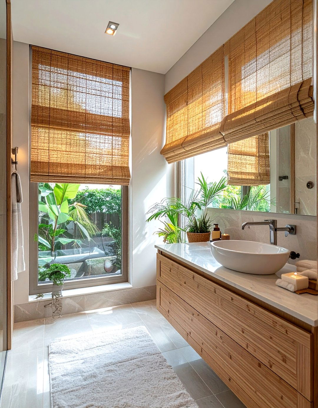 Bamboo Roman Shades - 30 Bathroom Window Treatment Ideas for Privacy