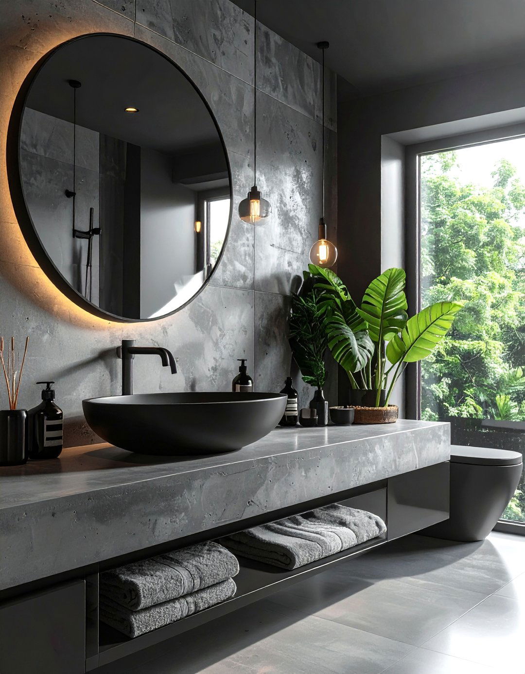Bathroom With Black Fixtures and Concrete Surfaces - 15 Bathroom With Black Fixtures for a Bold Statement