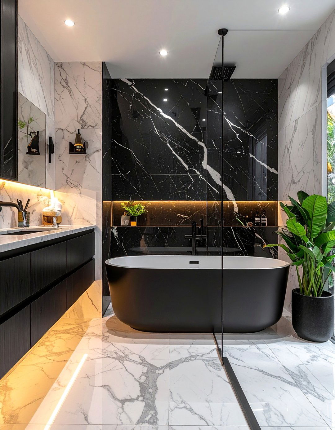 Bathroom With Black Fixtures and Marble Walls - 15 Bathroom With Black Fixtures for a Bold Statement