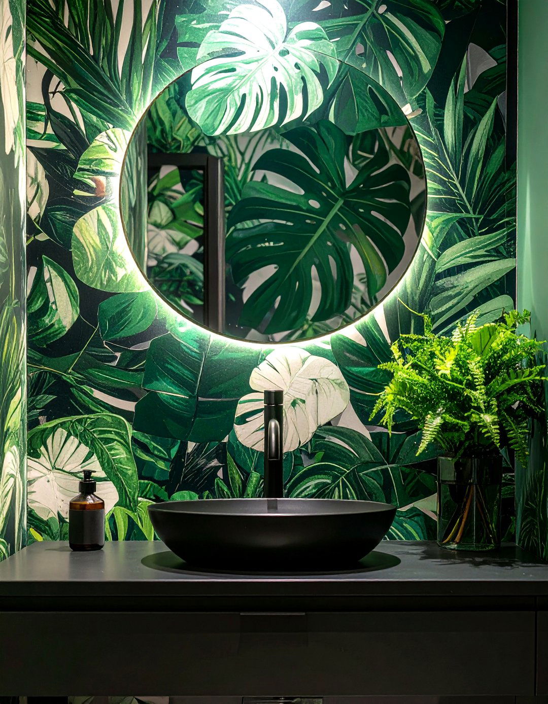 Bathroom With Black Fixtures and Patterned Wallpaper - 15 Bathroom With Black Fixtures for a Bold Statement