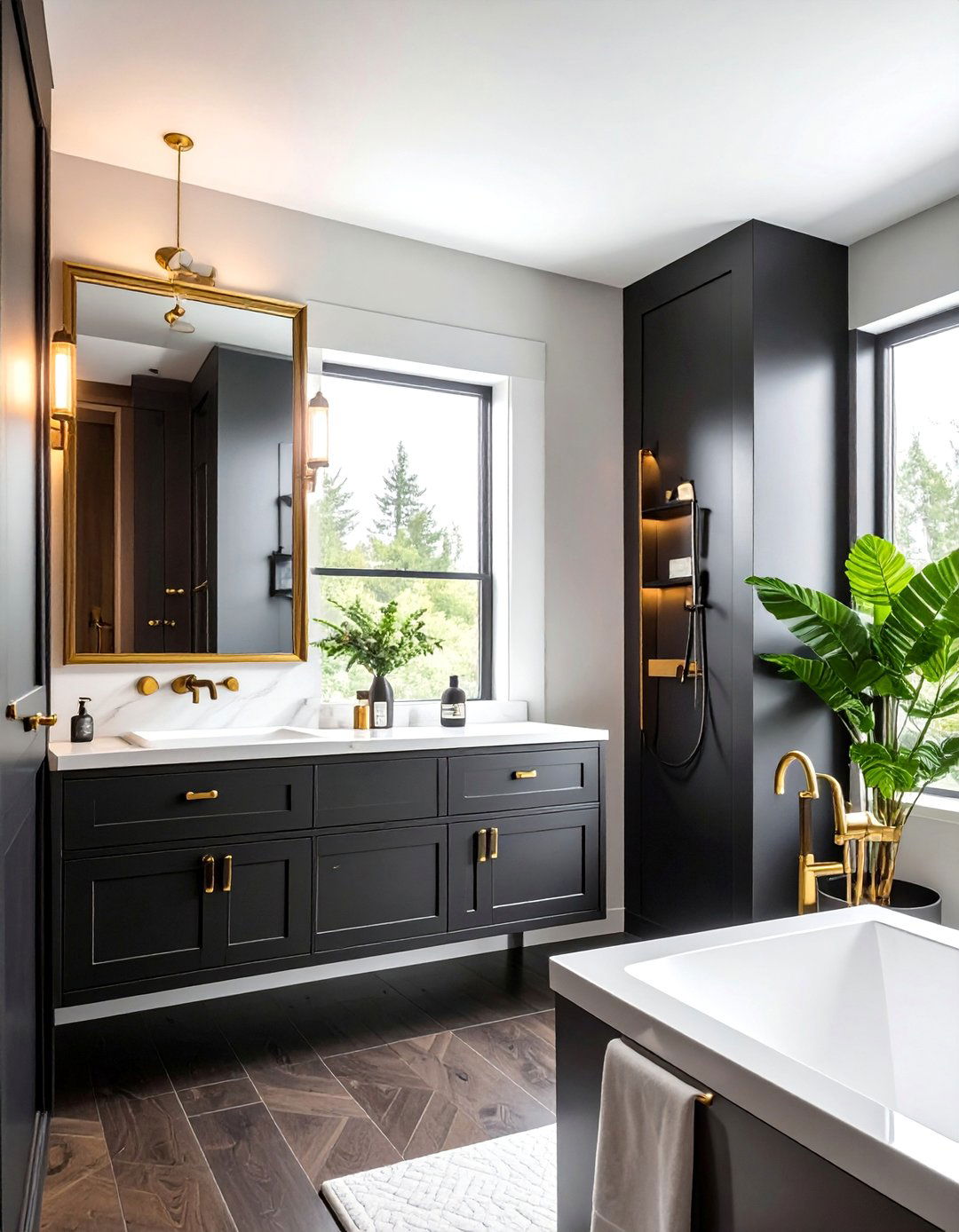 Bathroom With Mixed Black and Brass Fixtures - 15 Bathroom With Black Fixtures for a Bold Statement