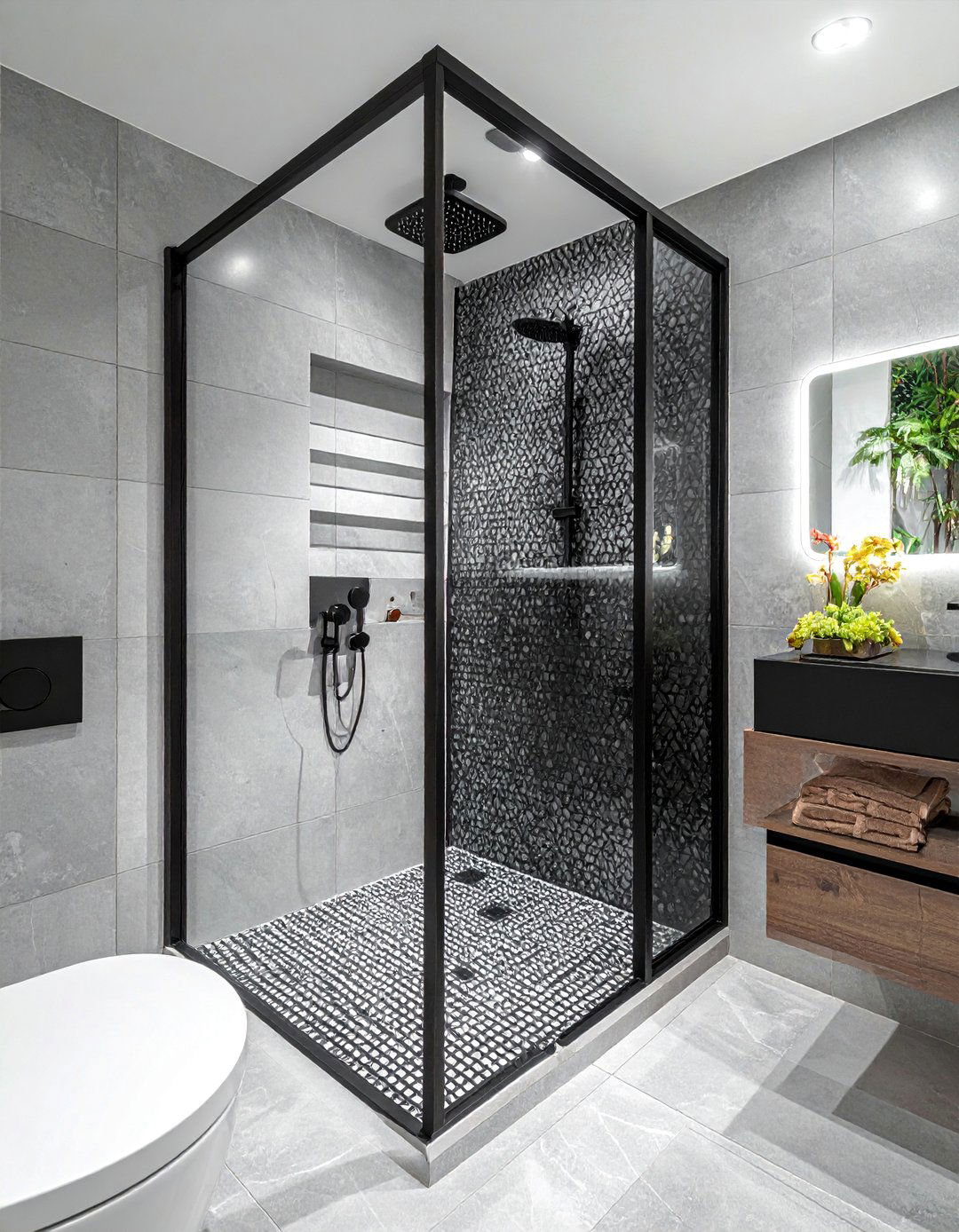 Bathroom With a Black Framed Shower Screen - 15 Bathroom With Black Fixtures for a Bold Statement