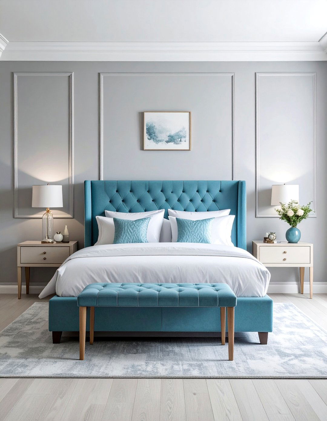 Bedroom Featuring a Light Blue Tufted Headboard - 25 Light Blue Bedroom Ideas for a Calming Retreat