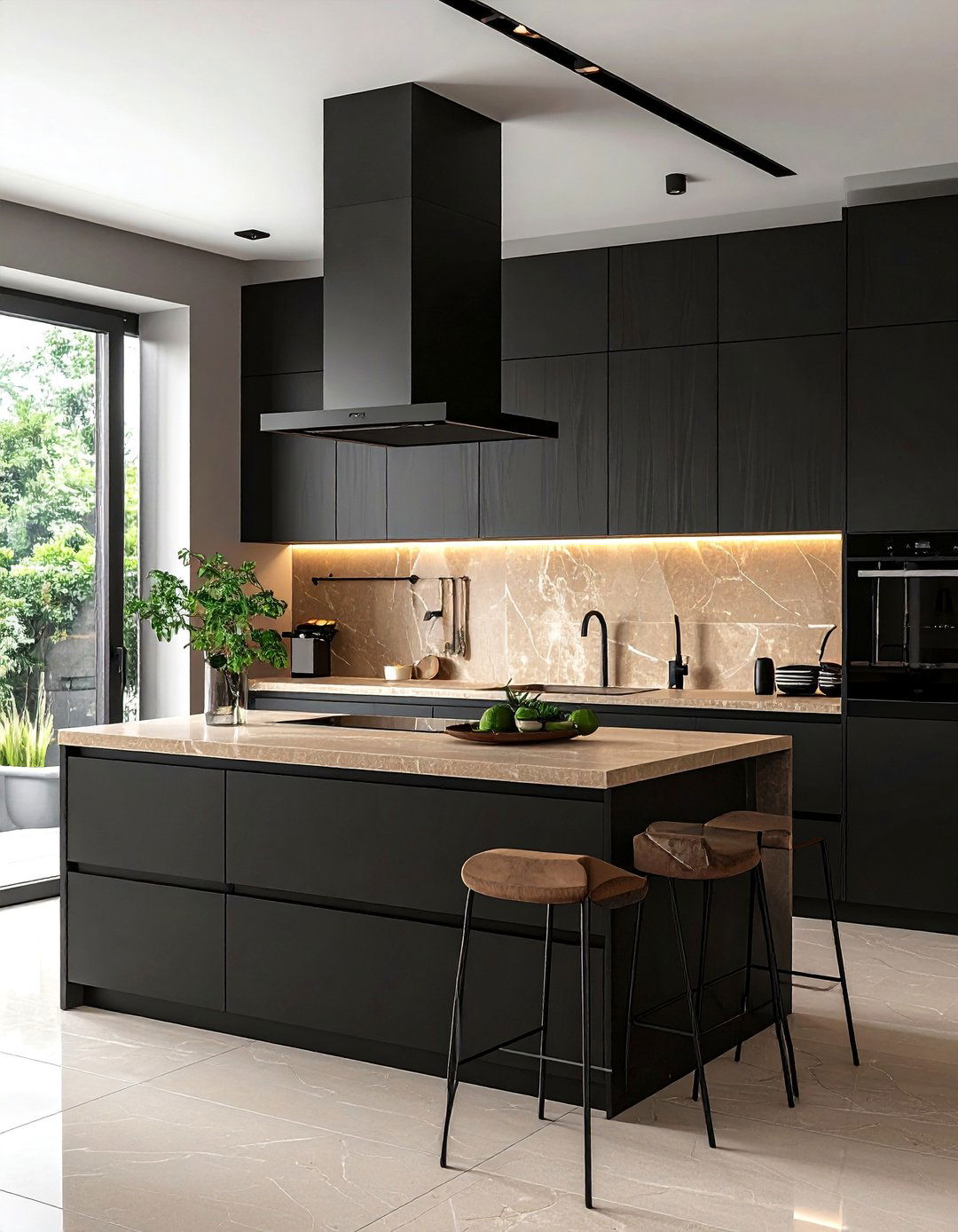 Beige Backsplash in a Black Kitchen - 20 Black and Beige Kitchen Ideas for a Timeless Design