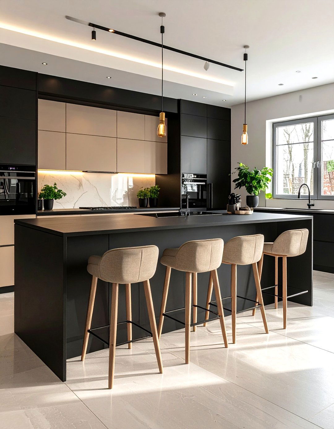 Beige Bar Stools at a Black Island - 20 Black and Beige Kitchen Ideas for a Timeless Design