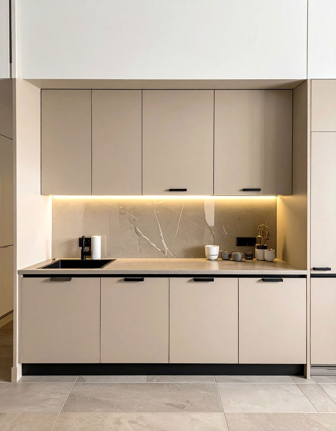 Beige Cabinets with Matte Black Hardware - 20 Black and Beige Kitchen Ideas for a Timeless Design