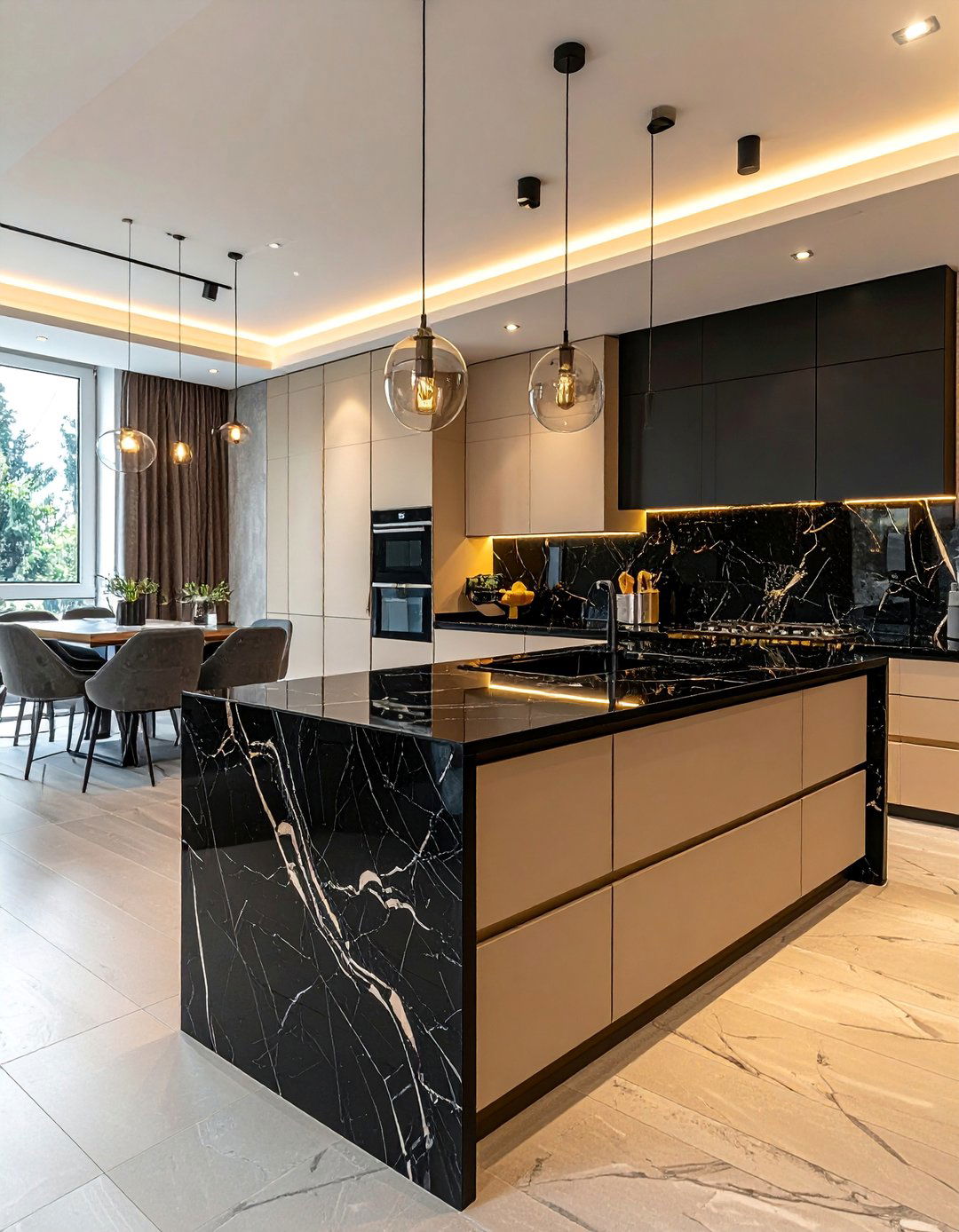 Beige Kitchen Island with a Black Waterfall Countertop - 20 Black and Beige Kitchen Ideas for a Timeless Design