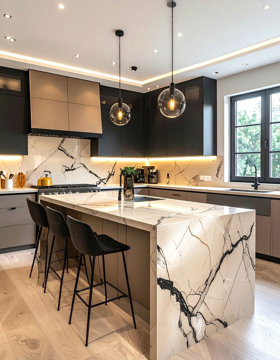 Beige Marble Countertops with Black Veining - 20 Black and Beige Kitchen Ideas for a Timeless Design