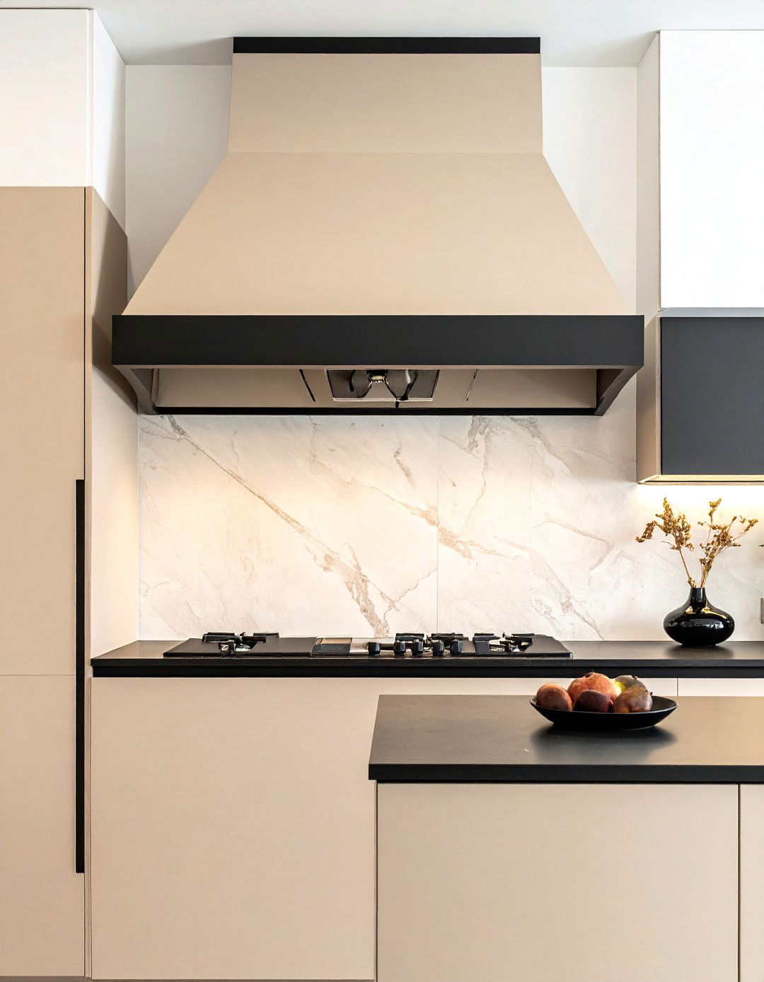 Beige Range Hood with Black Accents - 20 Black and Beige Kitchen Ideas for a Timeless Design