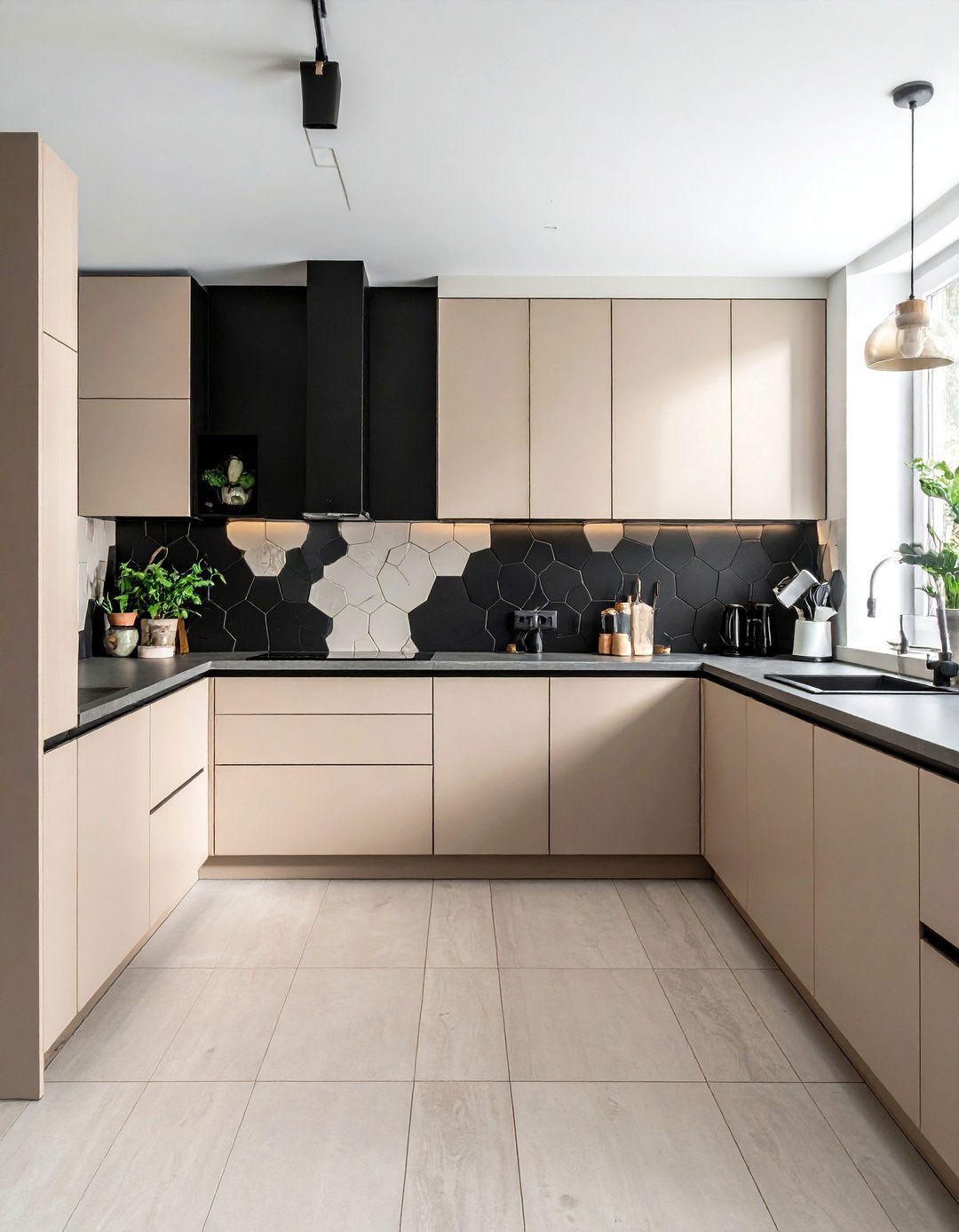 Beige and Black Geometric Backsplash - 20 Black and Beige Kitchen Ideas for a Timeless Design