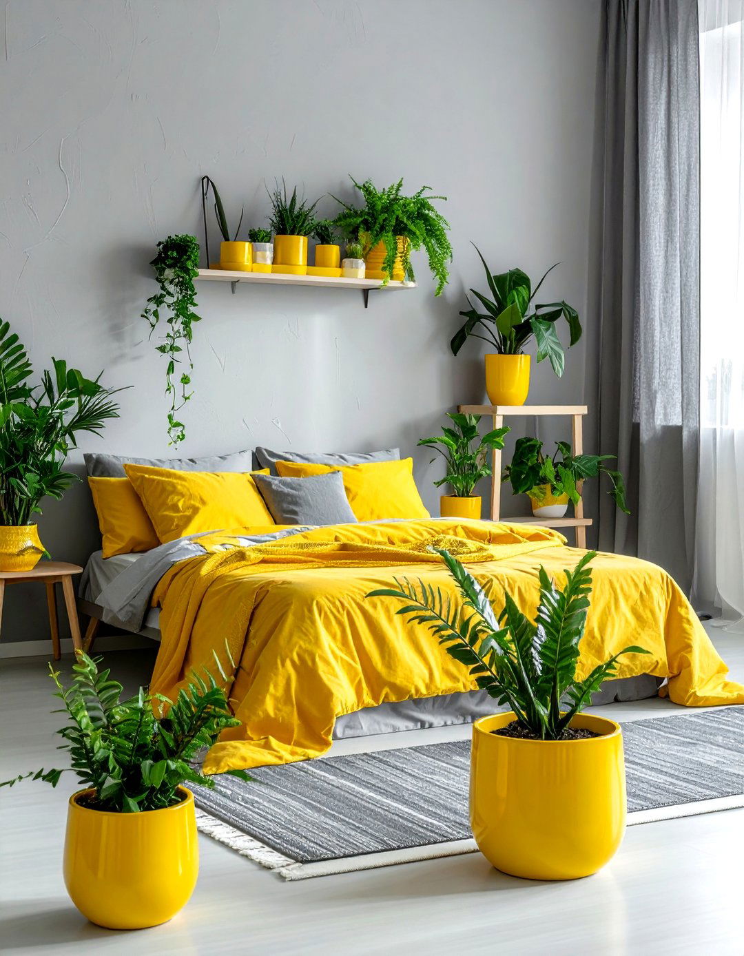 Biophilic Design Featuring Yellow Planters in a Grey Room - 25 Yellow and Grey Bedroom Ideas for Modern Interiors