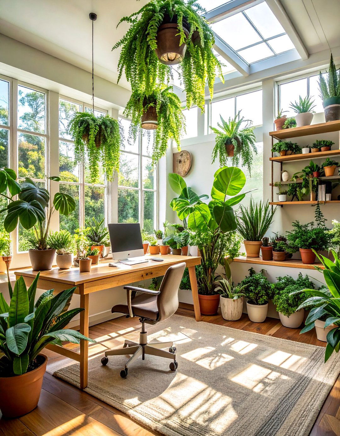 Biophilic Sunroom Office Filled with Plants - 20 Sunroom Office Ideas for a Productive and Inspiring Workspace