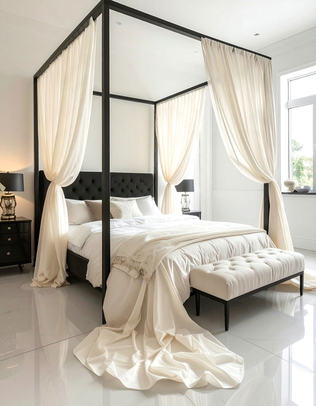 Black Canopy Bed with Cream Drapes - 35 Cream and Black Bedroom Ideas for Elegant Style