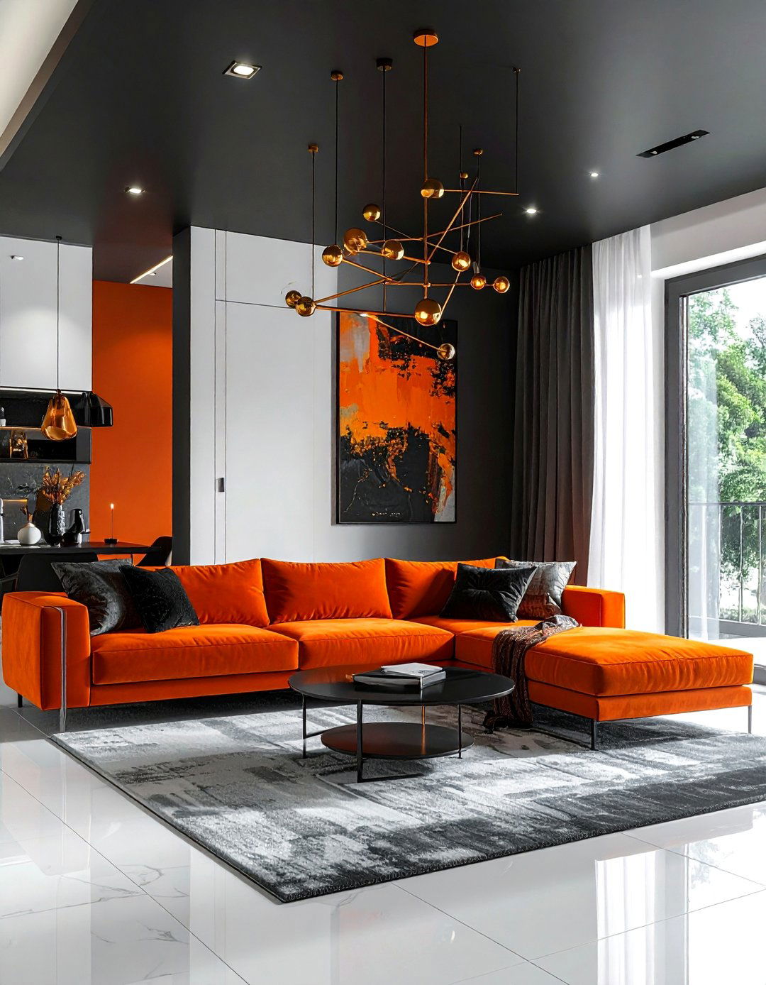 Black Ceiling in a Black and Orange Living Room - 20 Black and Orange Living Room Ideas for Bold Interiors