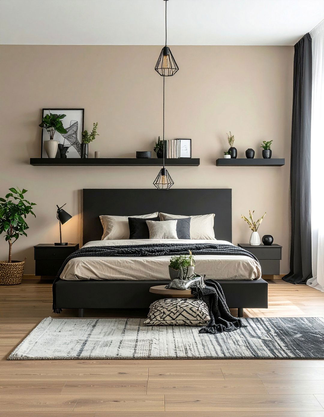 Black Floating Shelves on Cream Walls - 35 Cream and Black Bedroom Ideas for Elegant Style