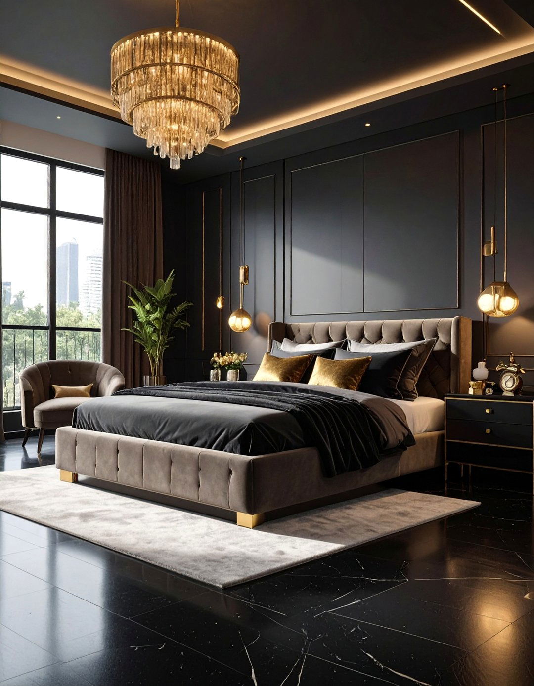 Black Floor Bedroom with Gold and Brass Accents - 20 Black Floor Bedroom Ideas for a Dramatic and Stylish Retreat