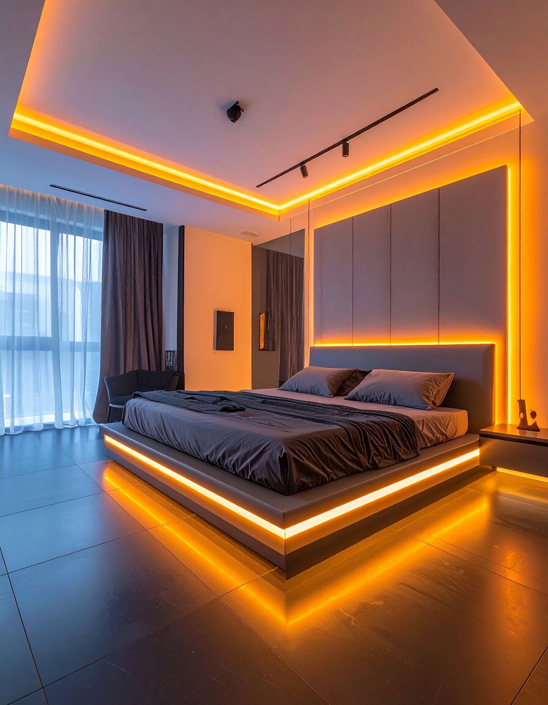 Black Floor Bedroom with Integrated LED Lighting