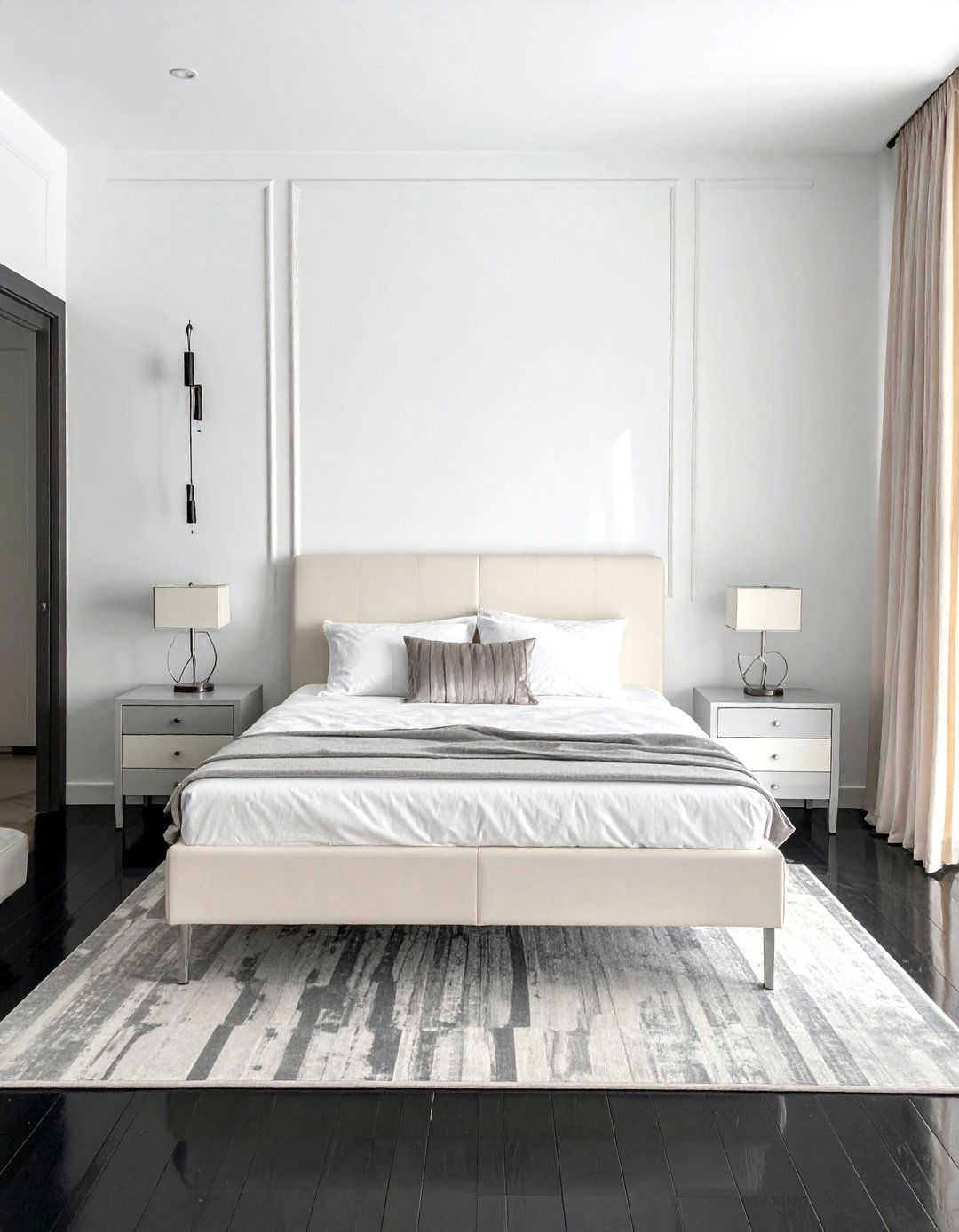 Black Floor Bedroom with Light Colored Furniture - 20 Black Floor Bedroom Ideas for a Dramatic and Stylish Retreat