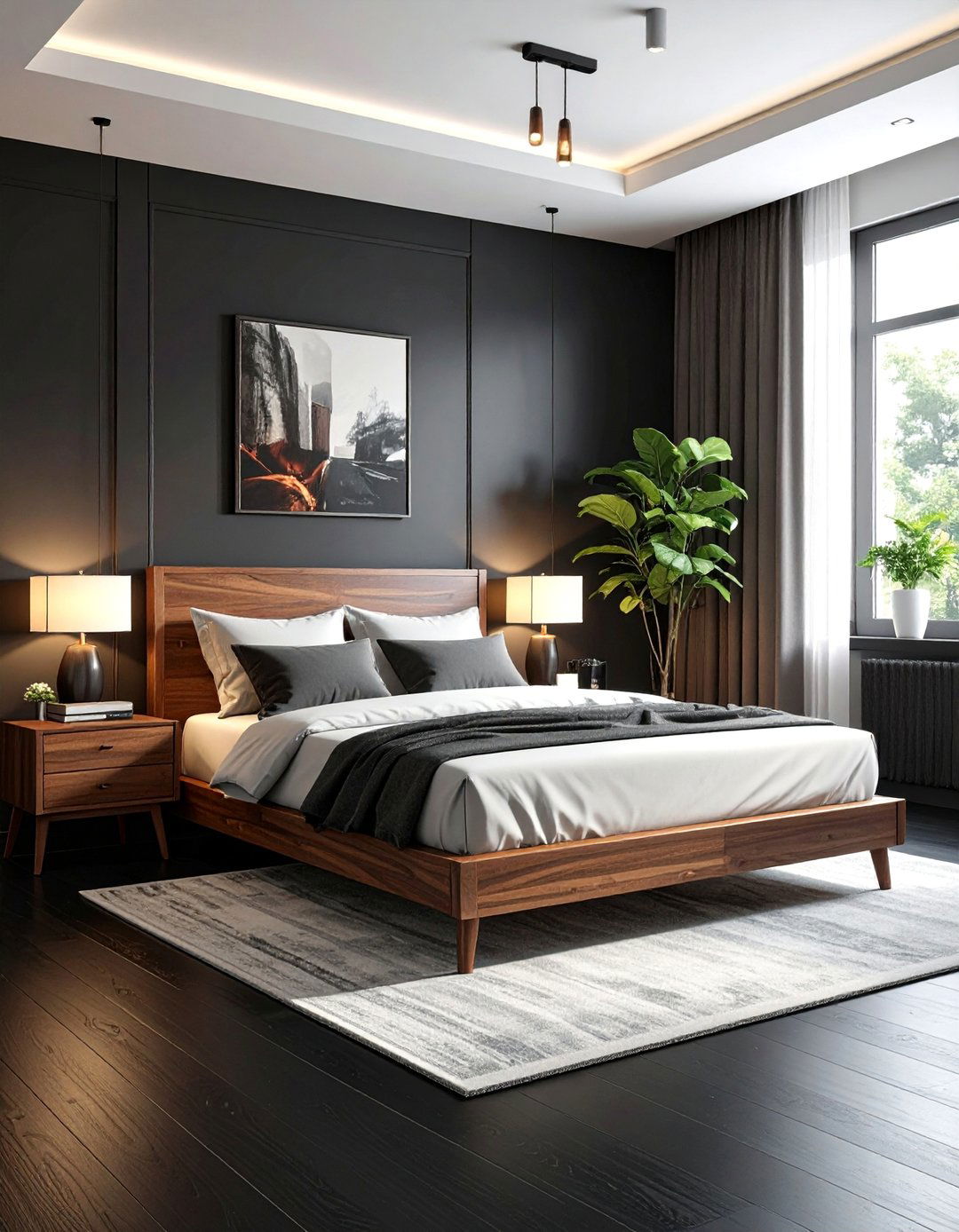 Black Floor Bedroom with Warm Wood Furniture - 20 Black Floor Bedroom Ideas for a Dramatic and Stylish Retreat