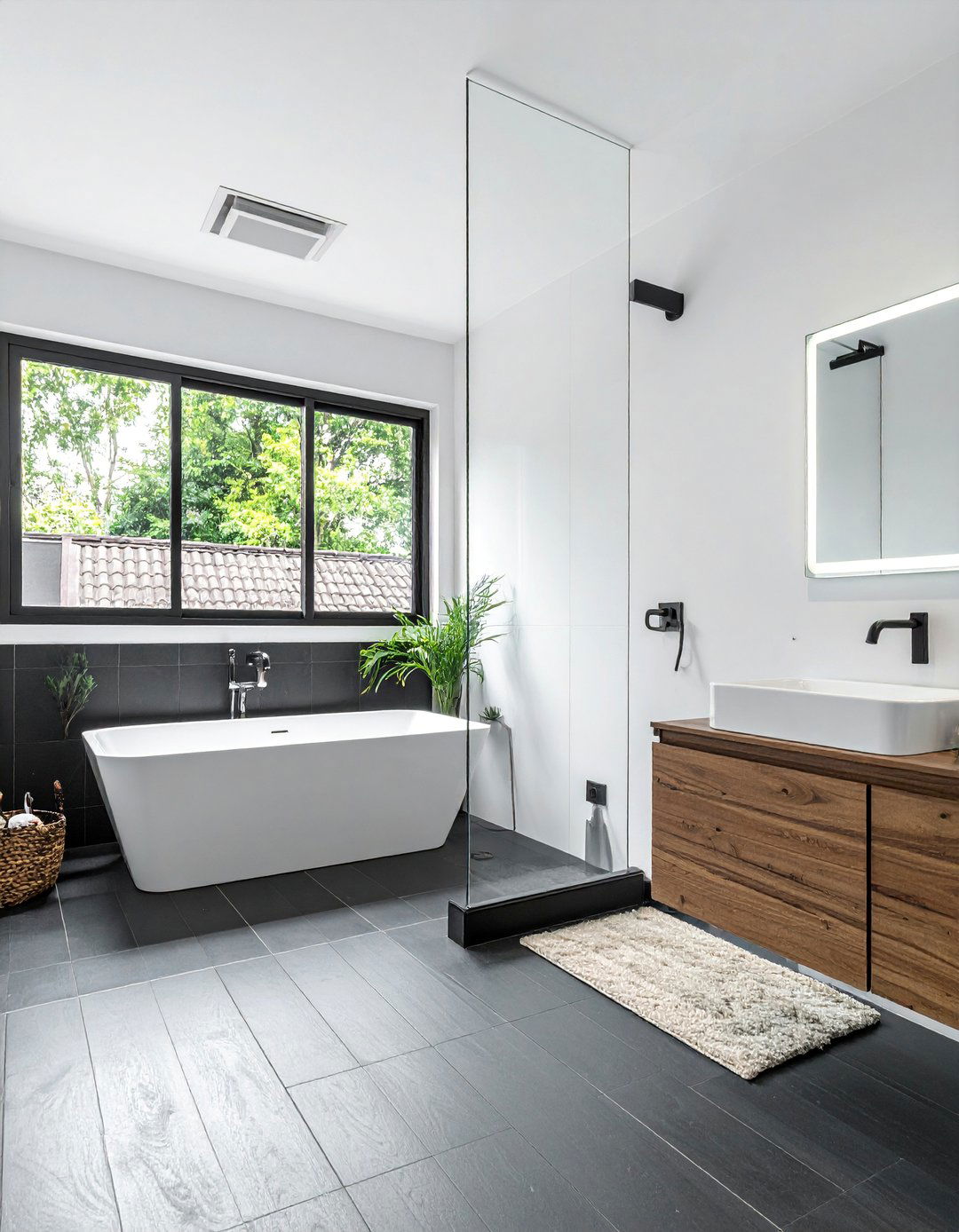 Black Floor Extending into a Walk In Shower - 20 Black Floor Bathroom Ideas with White Walls