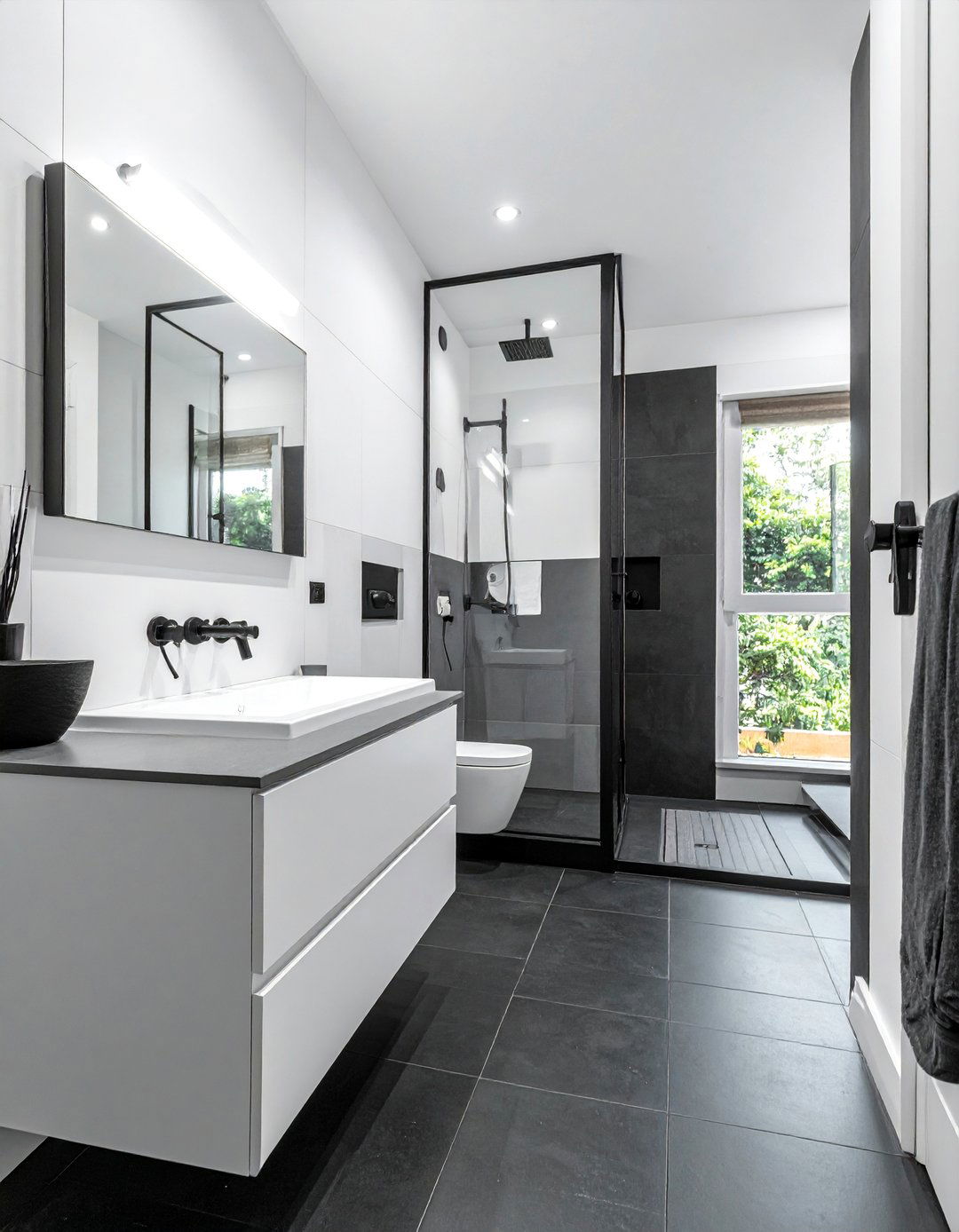 Black Floor with Black Hardware Accents - 20 Black Floor Bathroom Ideas with White Walls