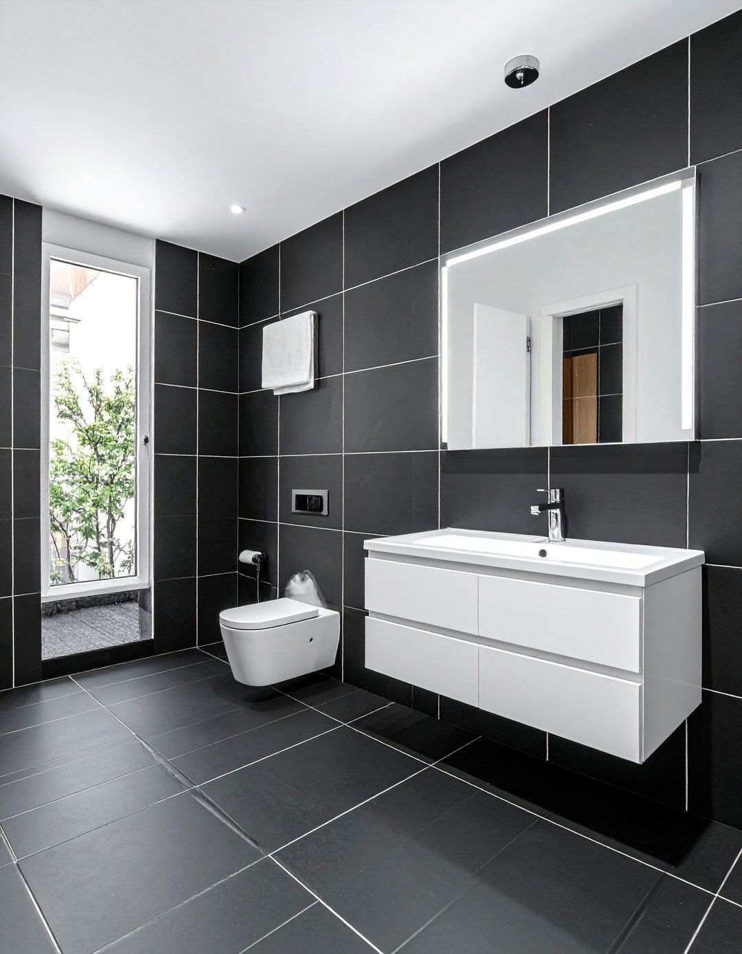 Black Floor with Contrasting White Grout - 20 Black Floor Bathroom Ideas with White Walls