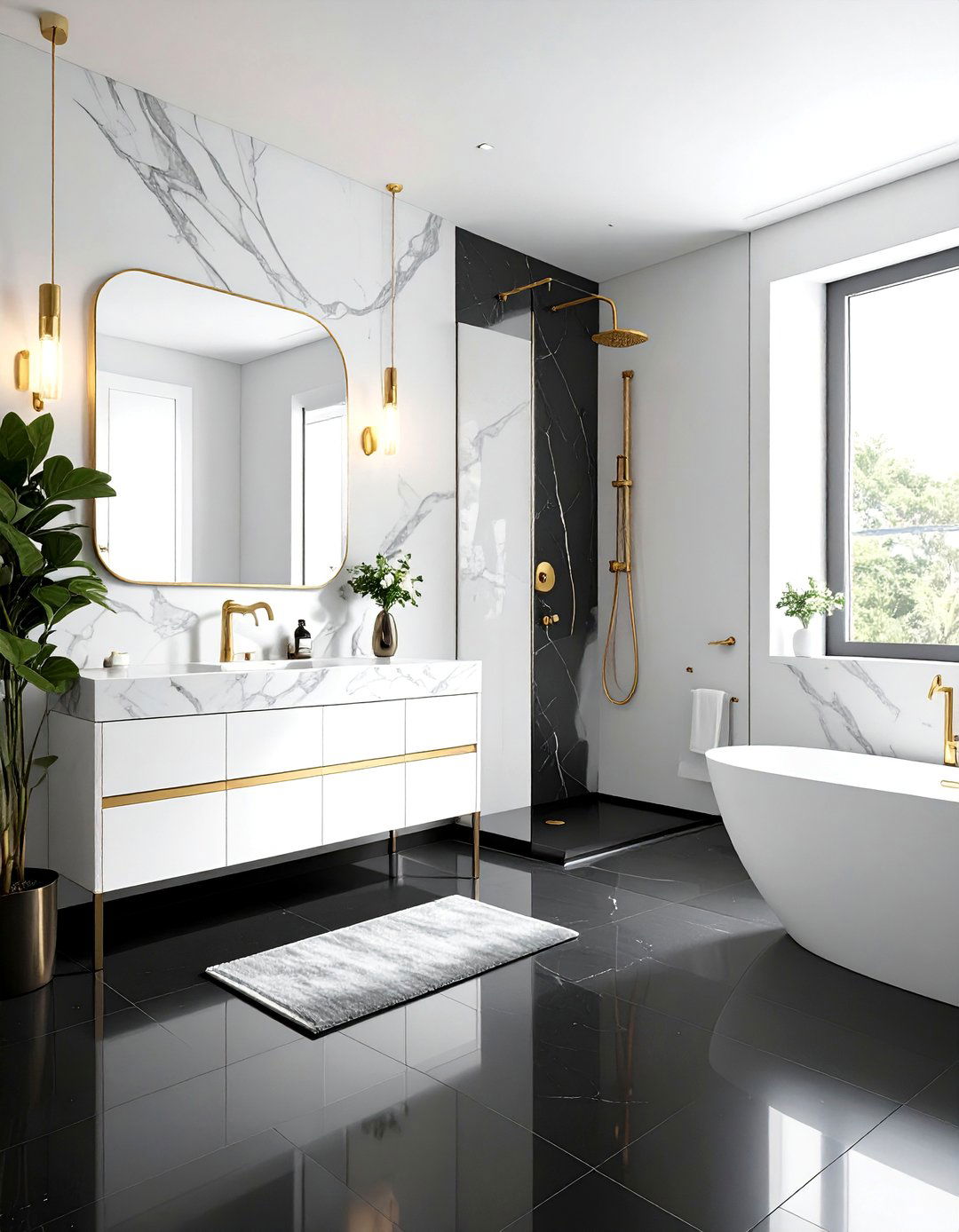 Black Floor with Gold Bathroom Fixtures - 20 Black Floor Bathroom Ideas with White Walls