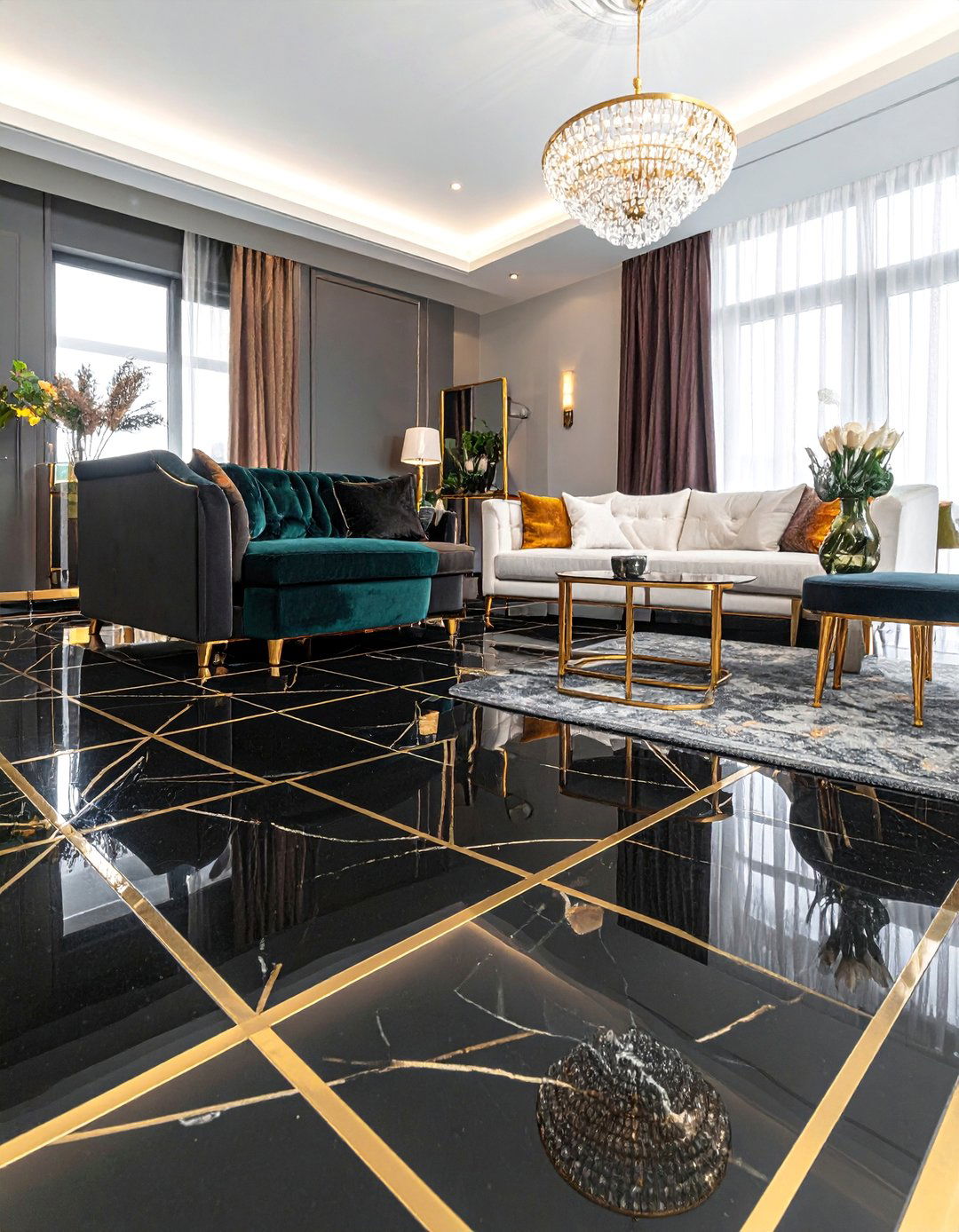 Black Floor with Inlaid Brass Details - 25 Black Floor Living Room Ideas for a Dramatic Look