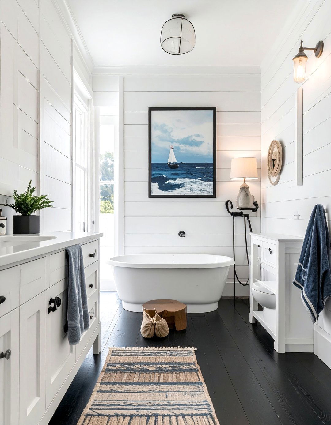 Black Floor with Textured White Walls - 20 Black Floor Bathroom Ideas with White Walls