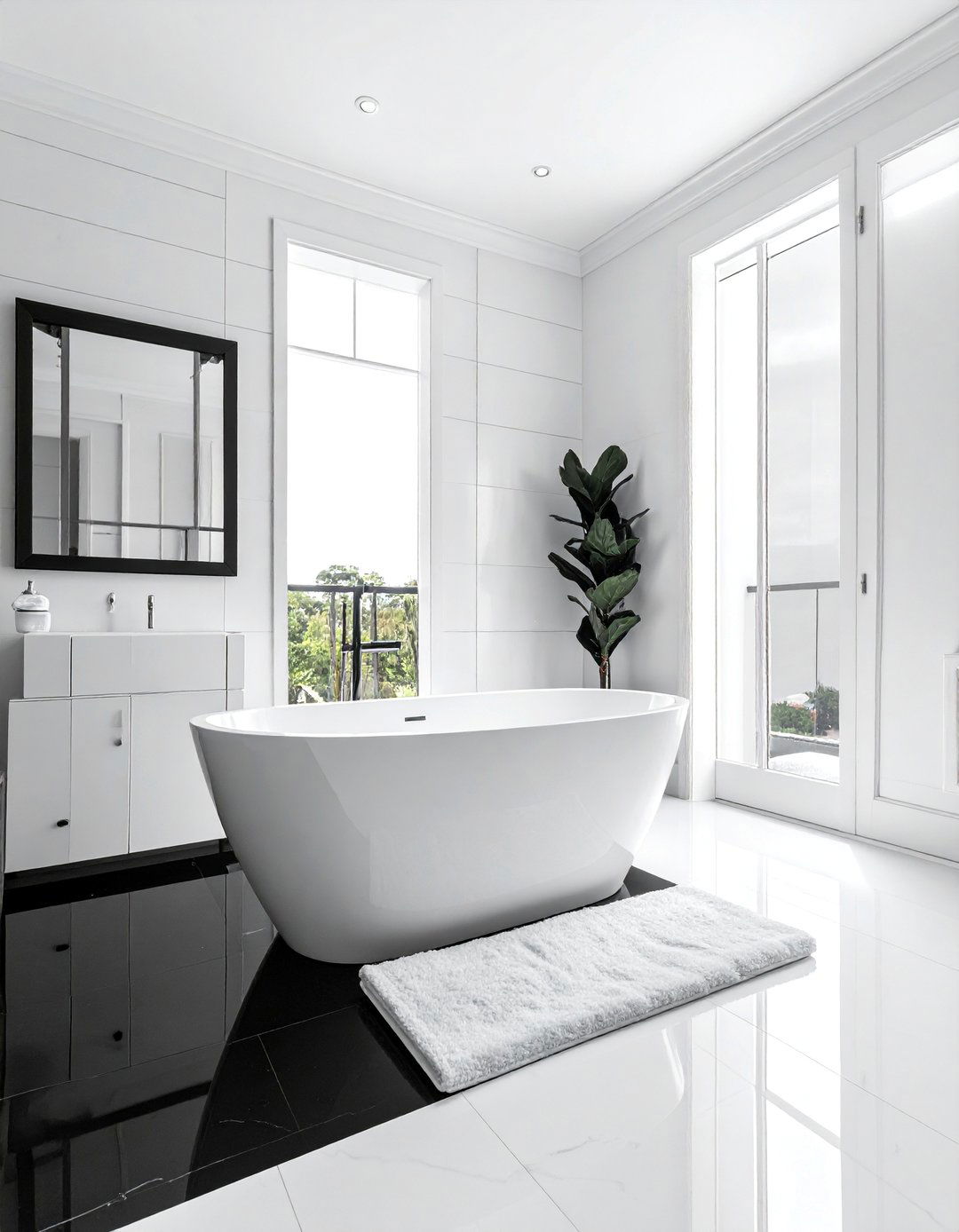 Black Floor with a Freestanding Tub - 20 Black Floor Bathroom Ideas with White Walls
