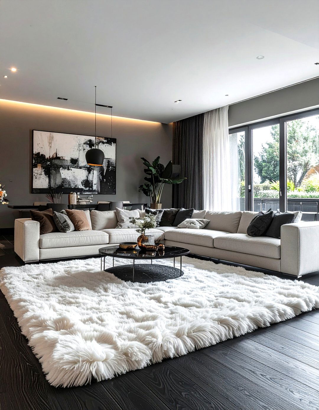 Black Floor with a Large Contrasting Area Rug - 25 Black Floor Living Room Ideas for a Dramatic Look