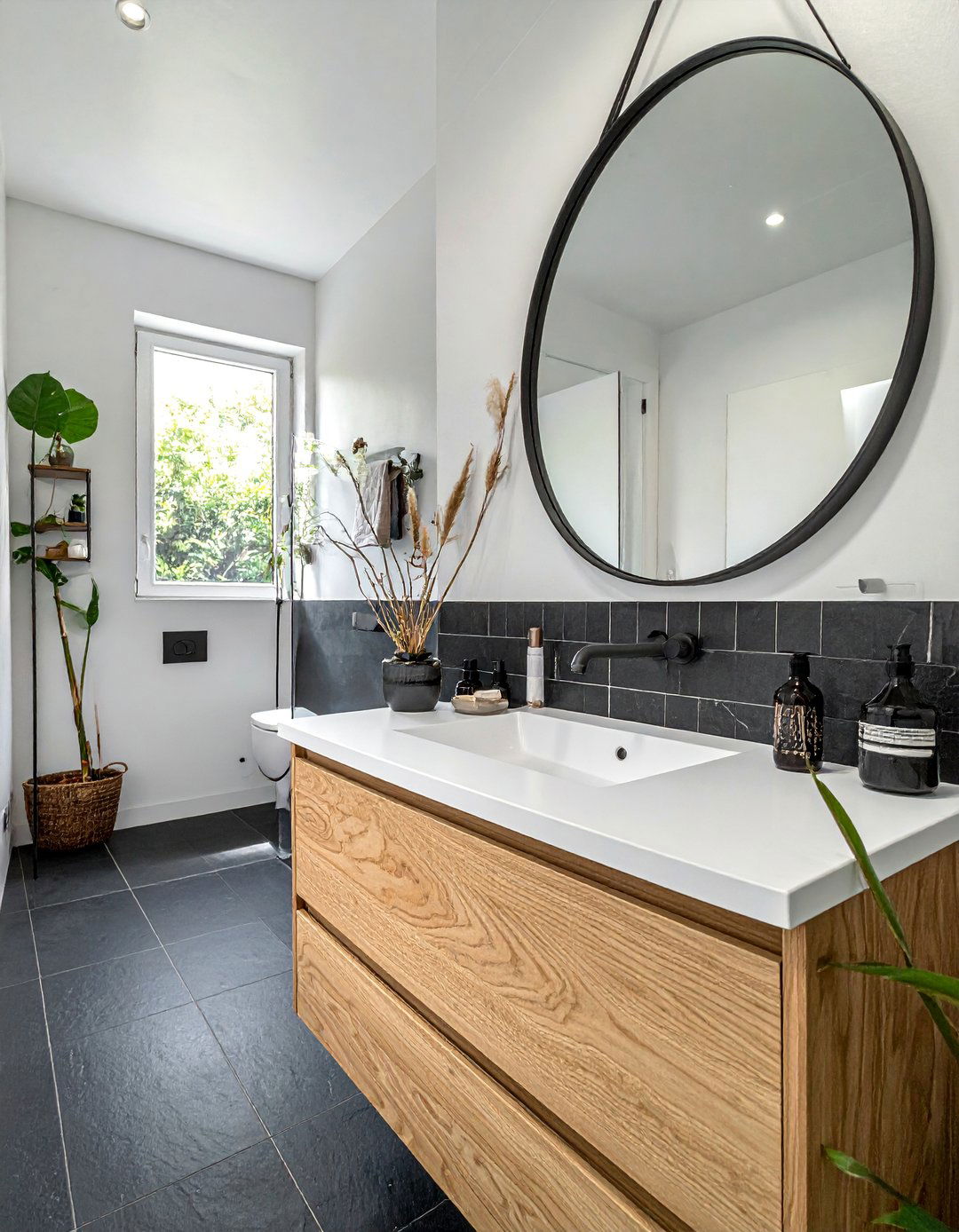 Black Floor with a Natural Wood Vanity - 20 Black Floor Bathroom Ideas with White Walls