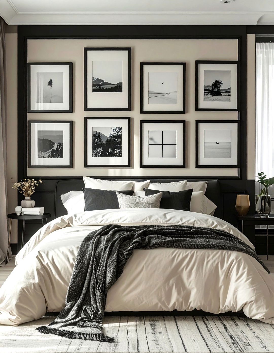 Black Framed Gallery Wall on a Cream Background - 35 Cream and Black Bedroom Ideas for Elegant Style