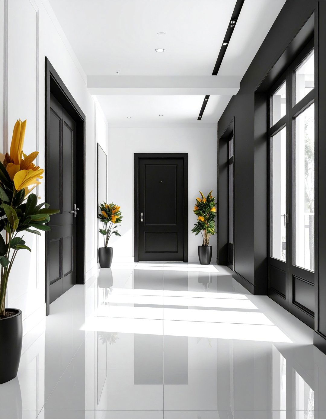 Black Framed Interior Doors and Windows - 20 Black and White Hallway Ideas for a Modern Look