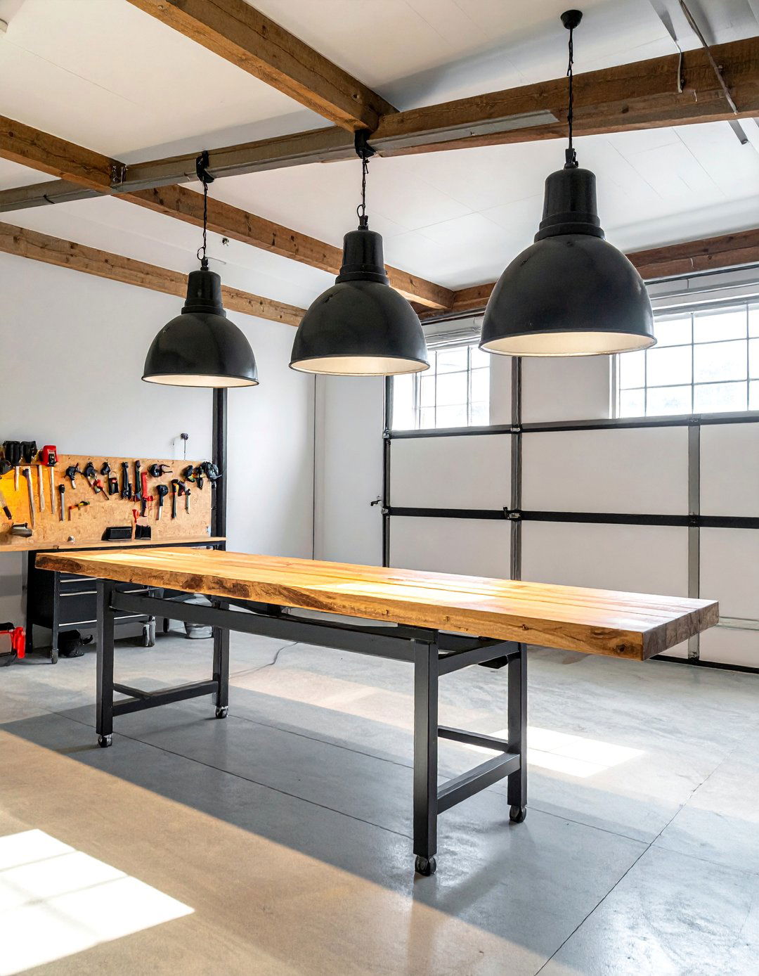 Black Garage with Industrial Pendant Lighting - 25 Black Garage Ideas for a Stylish Utility Space