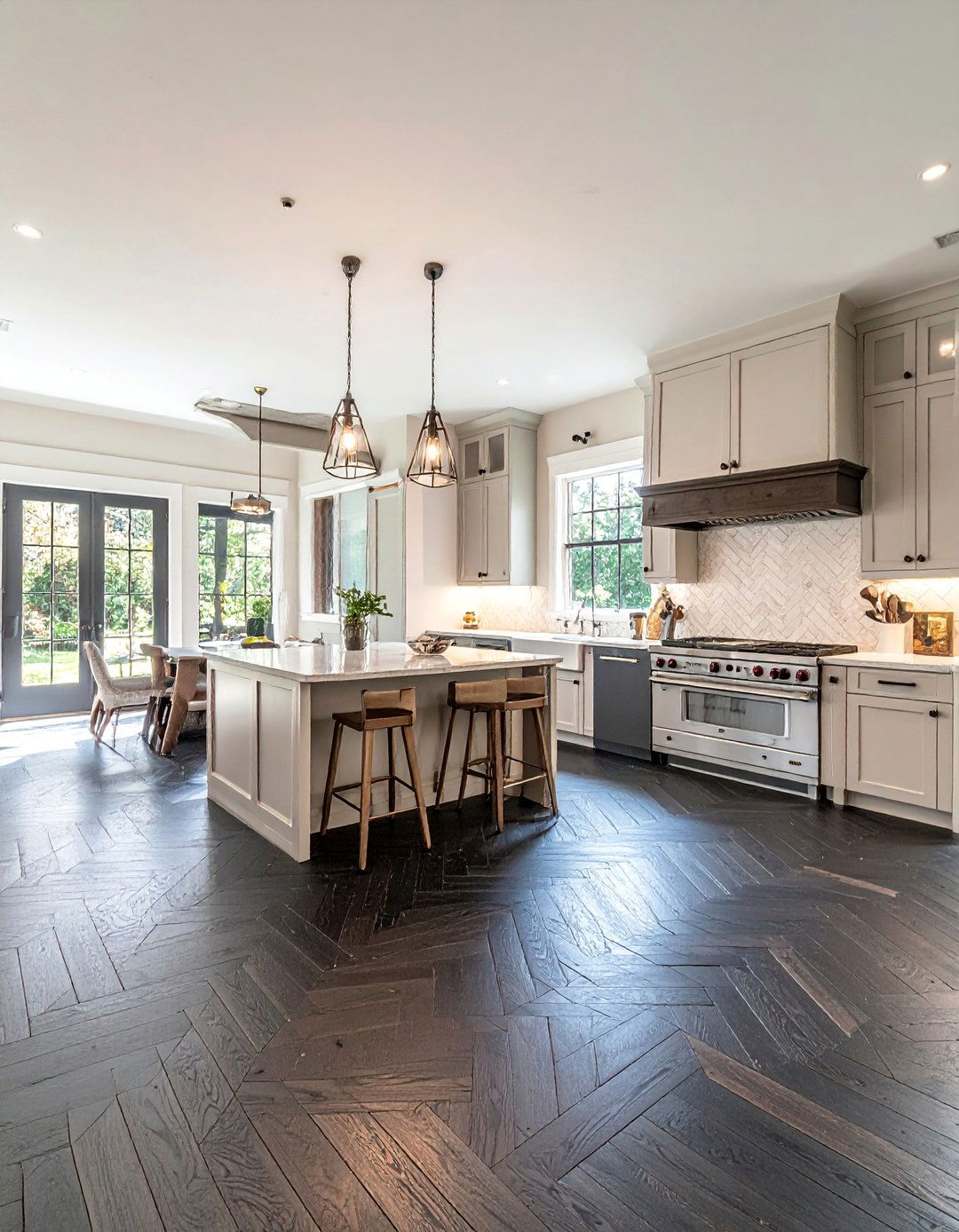 Black Hardwood Herringbone Pattern - 20 Black Floor Kitchen Ideas for a Sleek and Modern Look
