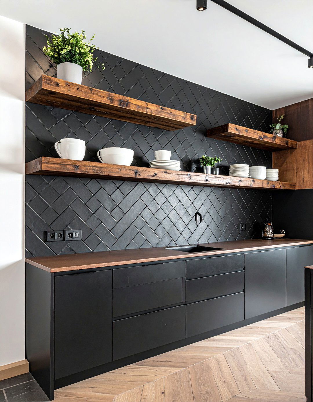Black Herringbone Backsplash with Brown Shelving - 20 Black and Brown Kitchen Ideas for a Warm Aesthetic