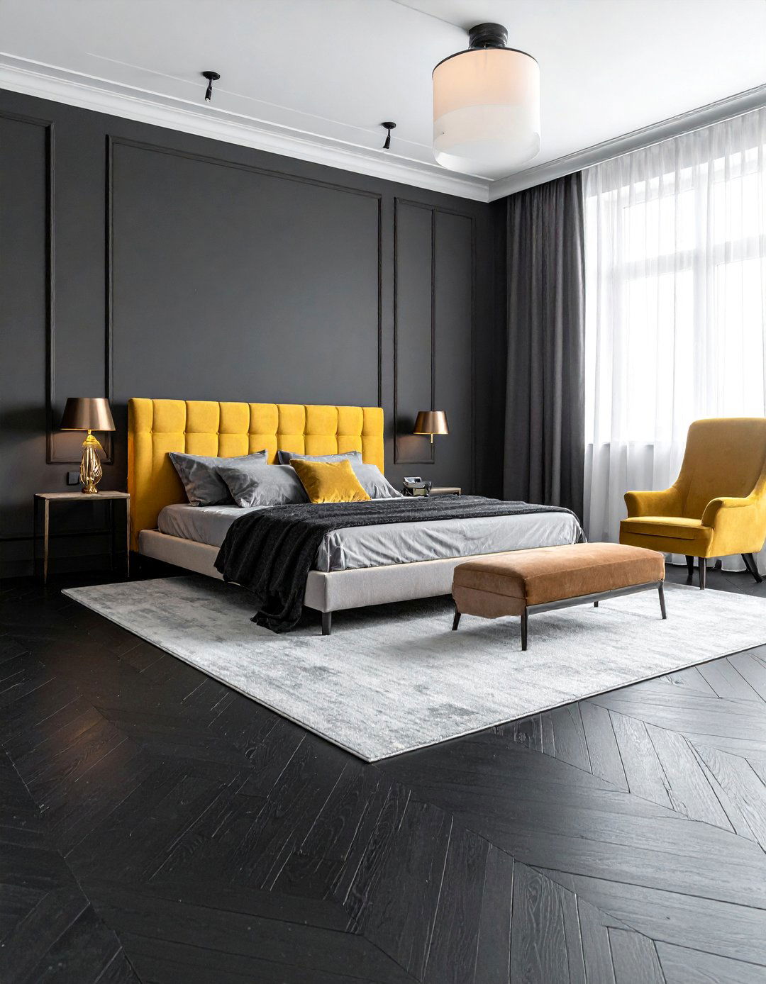 Black Herringbone Floor Bedroom for Geometric Appeal - 20 Black Floor Bedroom Ideas for a Dramatic and Stylish Retreat