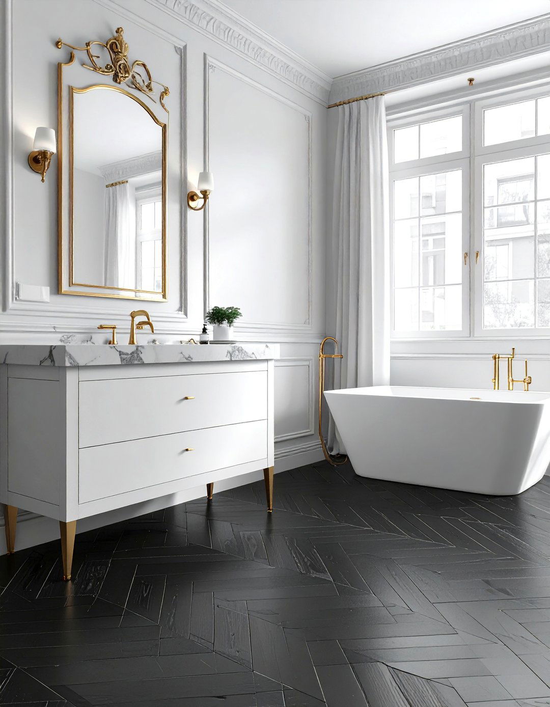 Black Herringbone Tile Bathroom Floor - 20 Black Floor Bathroom Ideas with White Walls